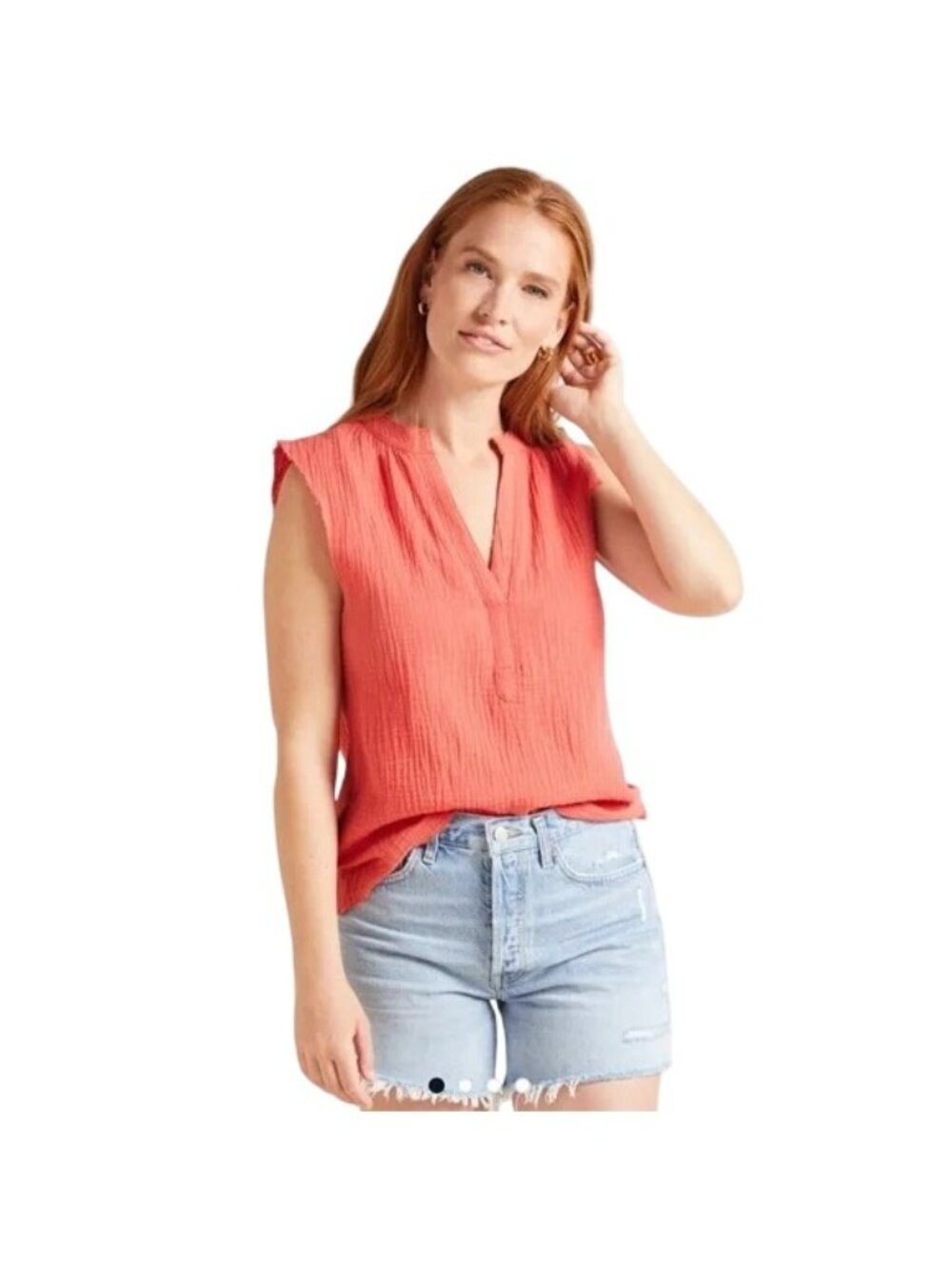 Roan + Ryan Gauze Top Size Small Sleeveless V Neck Frayed Trim Textured Coral